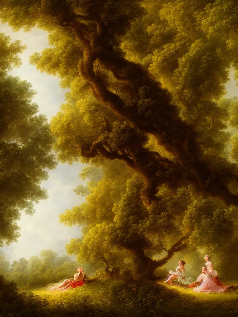 Image similar to painting of the secret lovers kissing against a tree, shaded forest, volumetric light, afternoon, light wind, wild flowers, chiaroscuro, john longstaff, jean - honore fragonard, francois boucher, anna dittmann, 4 k, 4 k