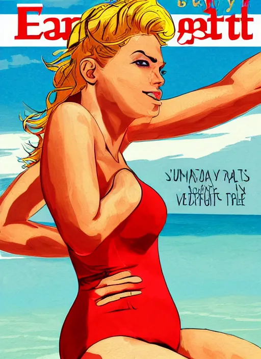 Prompt: female equal rights at the beach, cover of a magazine, high definition, digital art, comic style, sunny day, Baywatch