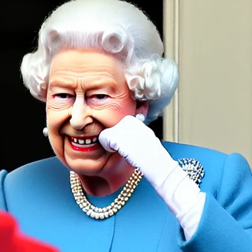 Image similar to the queen of england making a rude gesture lifting her middle finger in a magazine cover photo.