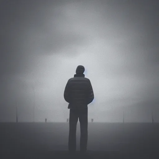 Image similar to a lonely man standing on a deserted planet, dreary, head down, smokey, mist, blur, ambient lighting, photograph, 24mm,