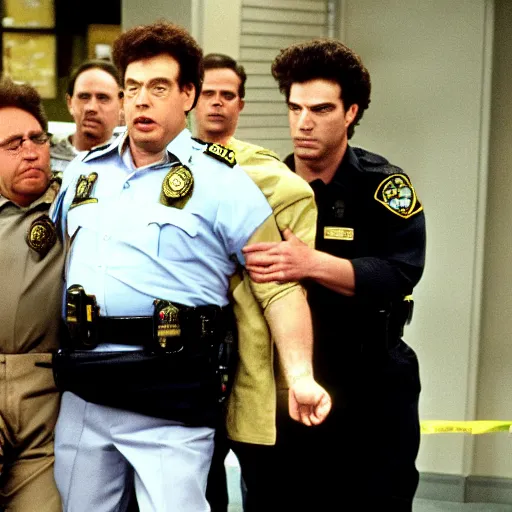 Image similar to 8k photo George Costanza being arrested by Kramer on an episode of Seinfeld,