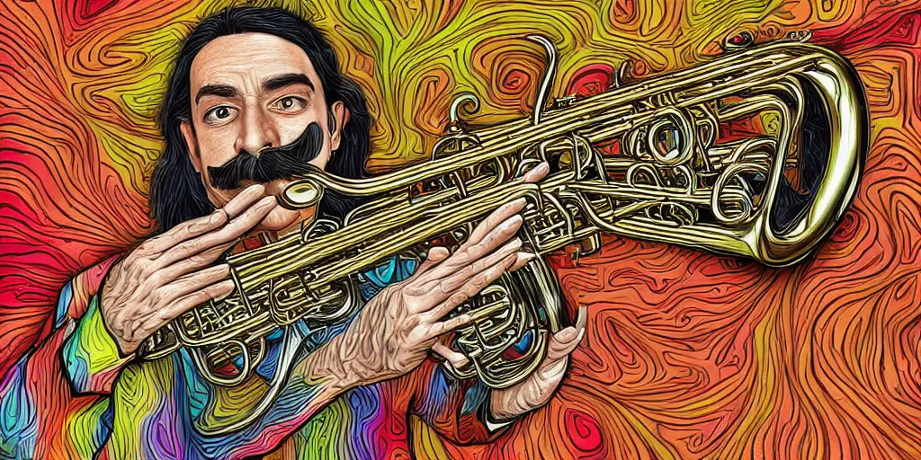 Prompt: highly detailed digital artwork of a psychedelic dingoman with a salvador dali mustache. he is playing the trumpet.