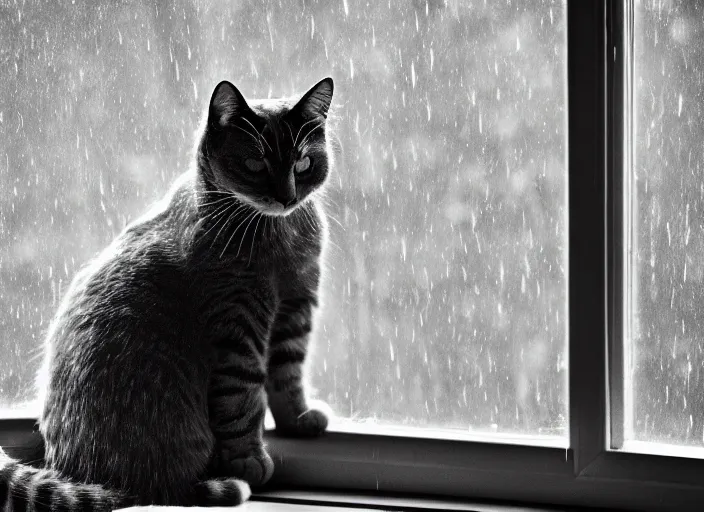 Prompt: photography of a Cat . watching outside the window while it rains. on a bed. in a 70's room full of vinyls and posters, photorealistic, raining award winning photo, 100mm, sharp, high res