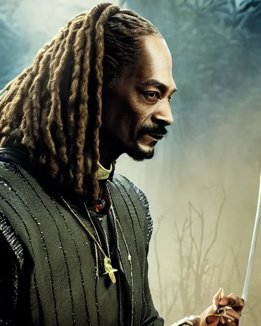 Image similar to Snoop Dogg in the role of Witcher III Gerald of Rivia, film still, amazing short, 8K, IMAX, ultra detailed