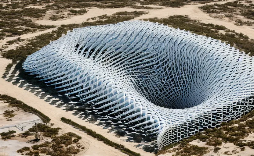 Image similar to parametric structure, medical complex, in the desert beside the gulf, view from above, design by kengo kuma, dezeen, architectural photography