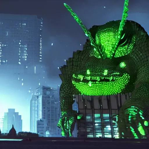 Image similar to giant cybertoad of death destroying a city