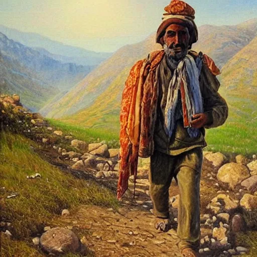 Prompt: kurdish man walking up a mountain with a huge backpack on with bags of rice attached on, beautiful painting by henry justice ford, incredible detail, award winning art