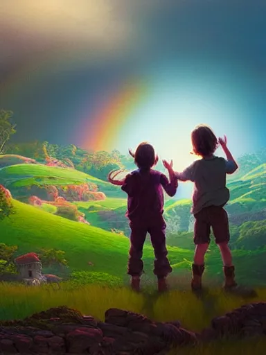 Image similar to dad. mom. kids. a happy familly looking at a distant rainbow. green valley horizon. a village. intricate, elegant, highly detailed, digital painting, artstation, concept art, sharp focus, illustration, by justin gerard and artgerm, 8 k