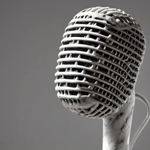 Image similar to an ancient sculpture of a microphone in white marble, close up photo, museum, ultra realistic, studio photo, bokeh, detailed.