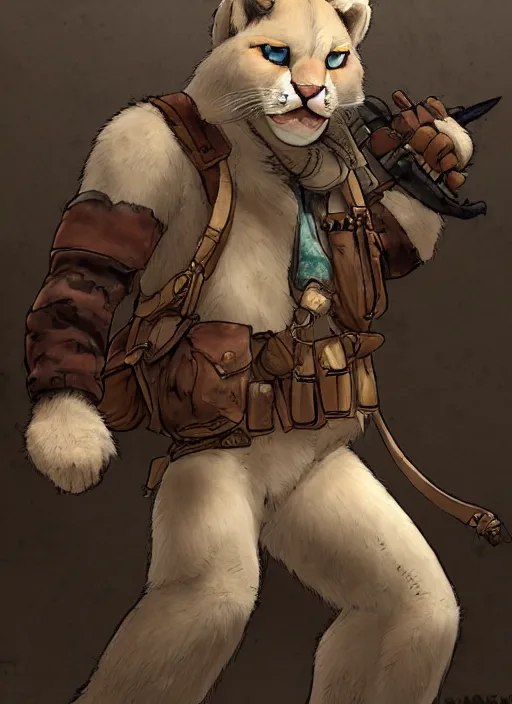 Image similar to character portrait of a (((anthro albino mountain lion))) wearing miner's clothes at the mines. hidari, color page, tankoban, 4K, tone mapping, Akihiko Yoshida.