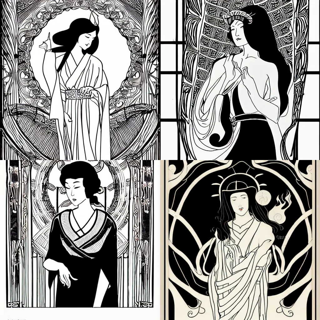Prompt: studio light, art nouveau temple, long shot black haired priestess in white flowing dress, art nouveau, clean lines, line drawing, inspired by ukiyo - e