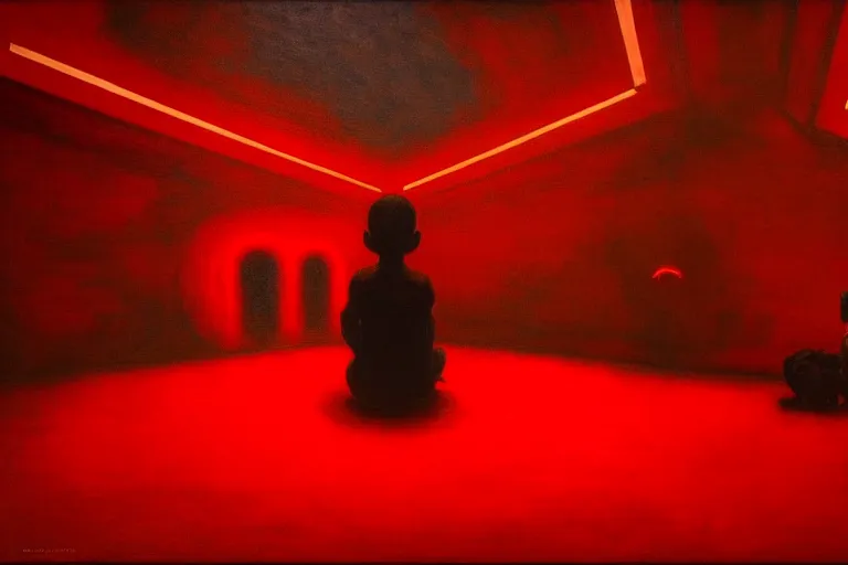 Image similar to only with red, netflix studios with workers, a big mickey mouse head in the middle of the room, in the style of beksinski, parts by edward hopper, parts by rodcenko, parts by yue minjun, intricate and epic composition, red by caravaggio, insanely quality, highly detailed, masterpiece, red light, artstation, 4 k