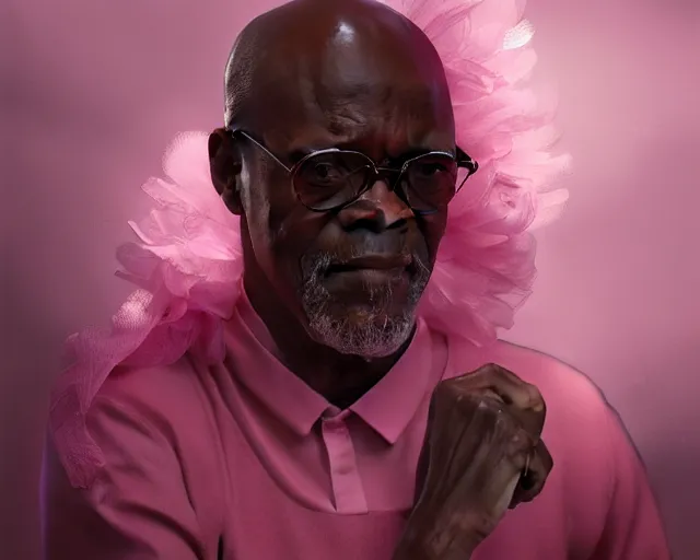 Image similar to photography of samuel l jackson in a pink ballerina outfit, medium body shot, deep focus, d & d and mtg, fantasy, intricate, elegant, highly detailed, digital painting, artstation, concept art, matte, sharp focus, illustration, hearthstone, art by artgerm and greg rutkowski and alphonse mucha