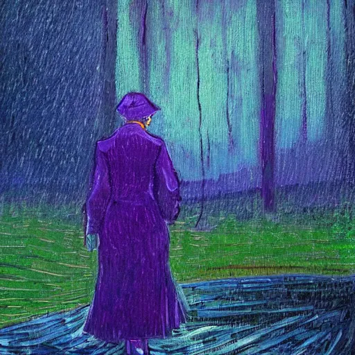 Prompt: woman walking to me, deep forest, rain, portrait, purple, green, blue, style of Van Gogh