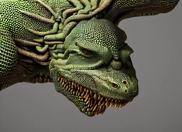 Image similar to melon lizard, naturel, symmetrical face, hyper detailed, digital sculpture, trending in artstation, cinematic lighting, studio quality, smooth render, unreal engine 5 rendered, octane rendered