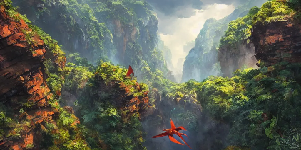 Image similar to wide angle view of swooping (orange red cerulean indigo) pterodactyl, over a deep canyon, mountainous jungle setting, trees, waterfall, river, rocks, dramatic lighting, highly detailed, artstation, unreal engine, matte painting in the style of craig mullins, Uncharted 4, fish eye lens, 8k HDR