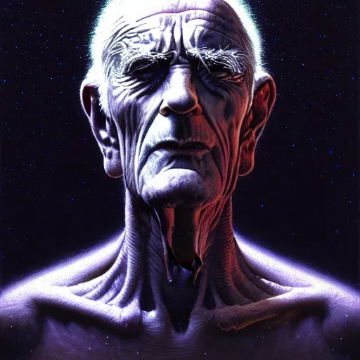 Prompt: cinematic portrait of a cosmic old man, only head and chest, intricate, desaturated, Tim Hildebrandt, Wayne Barlowe, Bruce Pennington, donato giancola, larry elmore, maxfield parrish, Moebius, Thomas Ehretsmann, oil on canvas, gouache painting, masterpiece, trending on artstation, cinematic composition, dramatic pose, volumetric lighting, sharp, details, hyper-detailed, HD, 4K, 8K