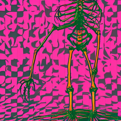 Image similar to A red skeleton infront of a vapourwave background