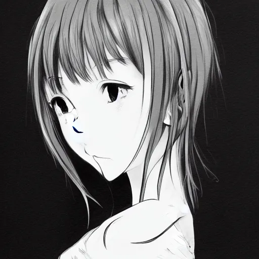 anime girl portrait profile, black and white sketch,, Stable Diffusion