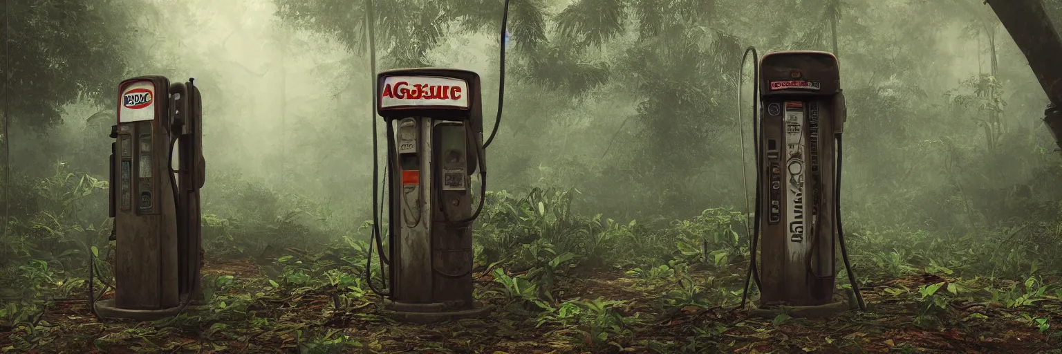 Prompt: An abandoned gas pump deep in the rainforest. The pump looks like a relic from the past. Nature is taking over. Cinematic. Mist. Soft light. Matte painting in the style of Craig Mullins. Concept Art. 4k