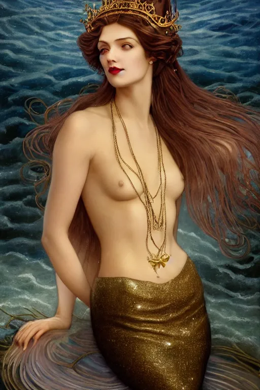 Prompt: a beautiful dark androgynous mermaid, pinup pose, long hair, tall and thin, wearing dozens of pendants and a gown of gold, small delicate crown of the sea on her head, illustration, dramatic lighting, soft details, painting oil on canvas, art nouveau, octane render, HDR, 4k, 8k, HD, by Edmund Blair Leighton, Brom, Charlie Bowater, j.c. Leyendecker, faces by otto schmidt
