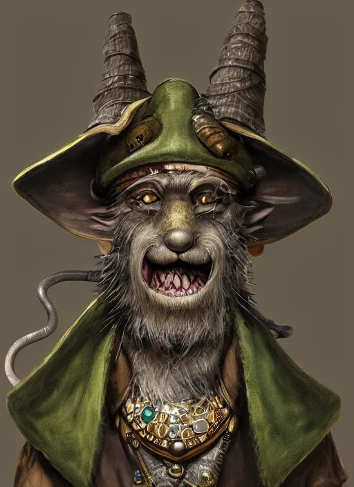 Image similar to anthropomorphic rat with human eyes and a gray beard, wearing jewelry, tricorne hat, green robe, skaven, warhammer fantasy, d & d, digital art, detailed face, highly detailed, trending on artstation, realistic