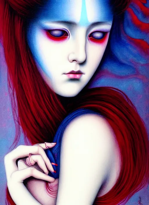 Image similar to beautiful matte airbrush portrait of a maiden with sad eyes crying on a white background, inspired by ayami kojima, 8 0's airbrush aesthetic, purple red and blue color palette, art by pater sato