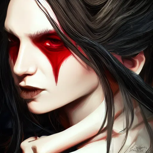 Image similar to Portrait of a vampire, highly detailed, digital painting, concept art, smooth, sharp focus, illustration, strong lines and bold colors, atmosphere and tension, Japanese, trending on artstation