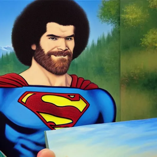 Image similar to a closeup photorealistic photograph of bob ross working on a canvas painting of superman. film still. brightly lit scene. mountains and trees. this 4 k hd image is trending on artstation, featured on behance, well - rendered, extra crisp, features intricate detail, epic composition and the style of unreal engine.