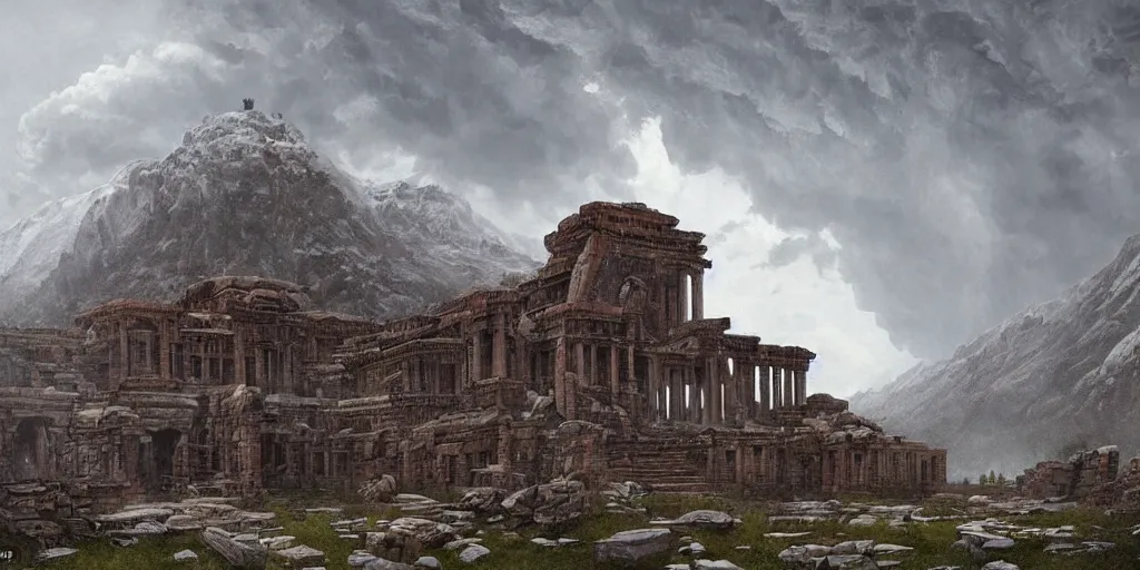 Prompt: immense and imposing tibetan and roman ruins in the mountains, a snow storm fills the sky, fantasy, magical lighting, Greg Rutkowski and Studio Ghibli and Ivan Shishkin