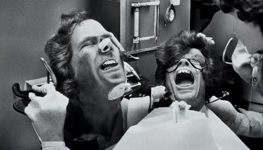 Image similar to 70s movie still of a man yelling with trypophobia teeth in dentist cabinet, eastmancolor, heavy grain, high quality, higly detailed, liminal space