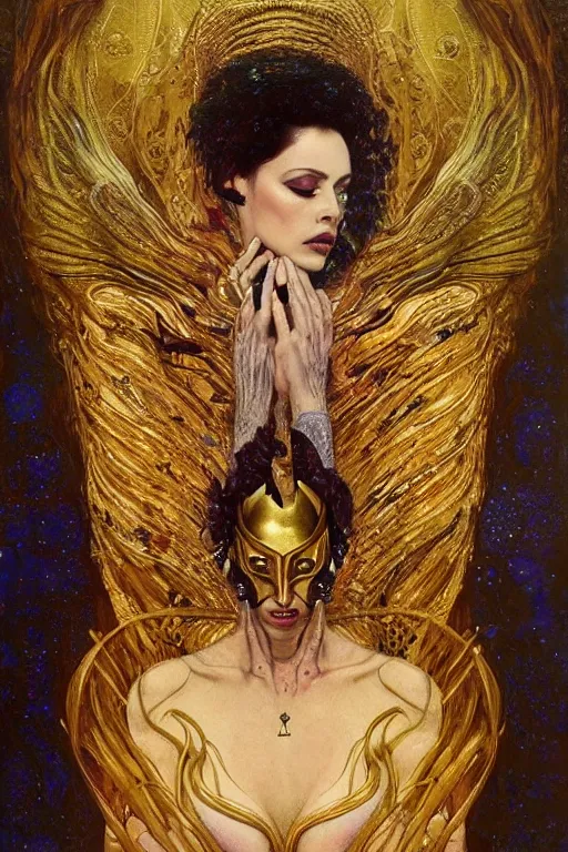 Image similar to Intermittent Chance of Chaos Muse by Karol Bak, Jean Deville, Gustav Klimt, and Vincent Van Gogh, Rebirth, Loki's Pet Project, Poe's Angel, Surreality, inspiration, imagination, sacred muse, otherworldly, fractal structures, arcane, ornate gilded medieval icon, third eye, spirals