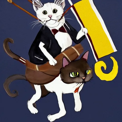 Prompt: a small warrior tuxedo cat carrying his battle flag while riding a large striped cat steed that is galloping into battle