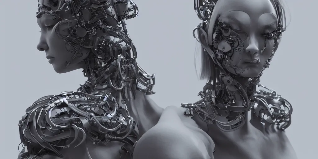 Image similar to photorealistic gorgeous symmetrical female cyborg, holding intimately, highly detailed, arms, knees, back, intricate, in the style of beth cavener, jin kagetsu, wlop, masterpiece, concept art, high key lighting, ambient lighting, octane render, 8 k, artstation