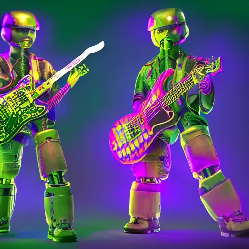 Image similar to album art, rockband with 3 dieselpunk robots playing guitar, robos rock, 8 k, flourescent colors, halluzinogenic, multicolored, exaggerated detailed, front shot, 3 d render, octane