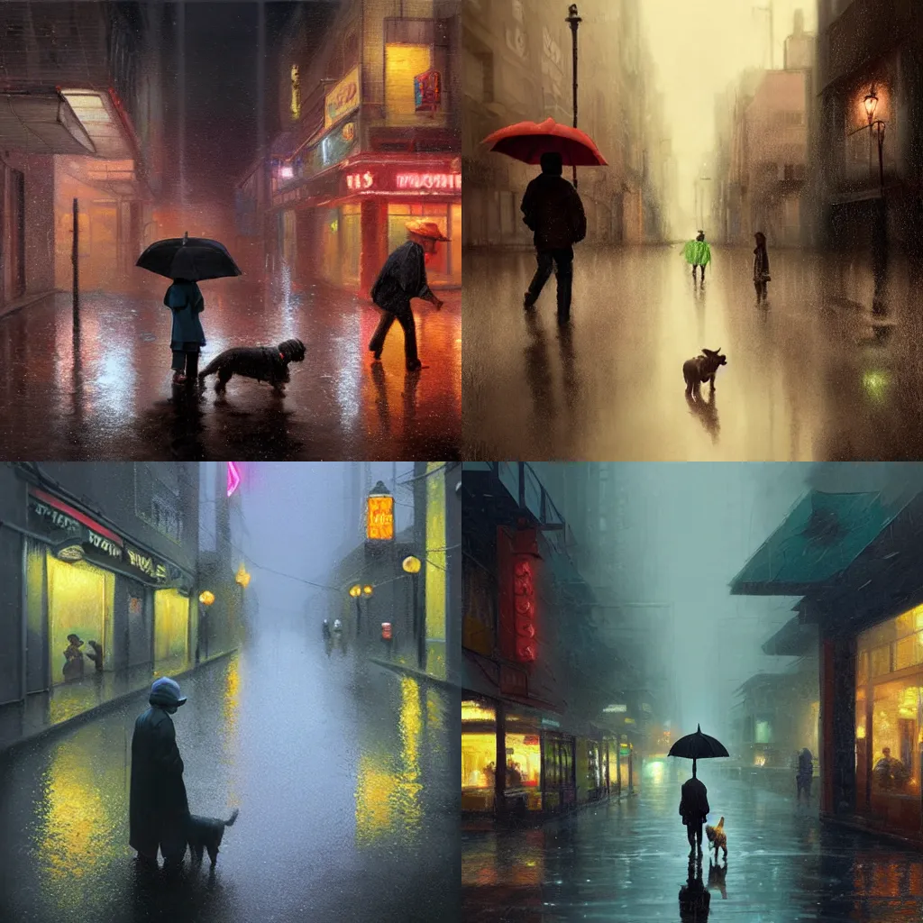 Prompt: a matte painting of a young boy and his pet dog helping an old woman to cross a street, rainy evening, water reflection on the floor, neon, next to alley. digital painting by Greg Rutkowski and James Gurney, trending on Artstation, highly detailed