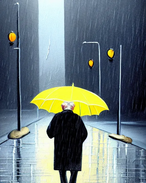 Image similar to a painting of an old man walking down the street, rain, an ultrafine detailed painting, by cabu, featured on deviantart, detailed painting, deviantart