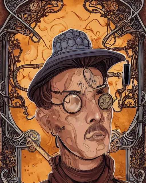 Image similar to a detailed portrait illustration of a steampunk noble - mage. handsome asian male face. art nouveau, pop art, comic book style. influenced by neil gaiman, h. p. lovecraft, dan mumford, eddie mendoza, vadim voitekhovitch, killian eng, ross tran.