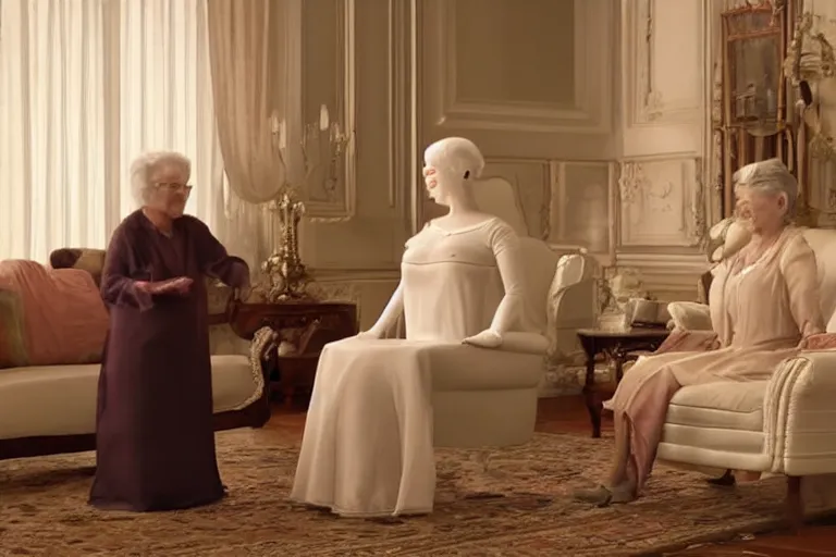 Prompt: VFX movie of old women helping a served by humanoid assistant robot in a decadent living room by Emmanuel Lubezki