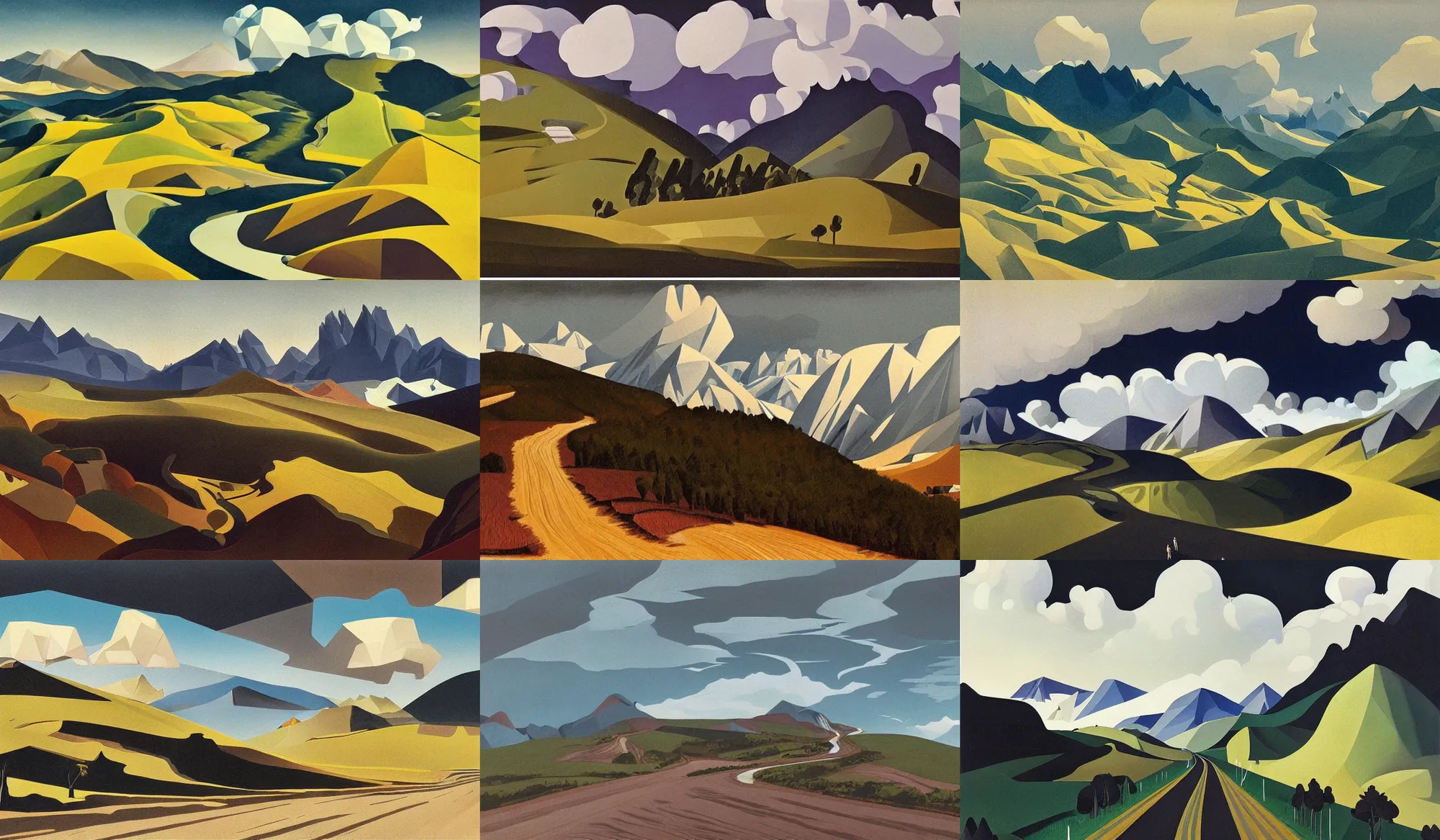 Prompt: painting of landscape of alpes, hurricane, road between hills, surreal sky, thunder clouds low poly simple brutal shapes, forests, pastoral, from a bird's eye view, unsaturated and dark atmosphere, artwork by georgy nissky and alfred joseph casson and isaac levitan