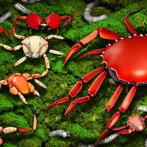 Image similar to large group of crabs and worms, crawling along a bed of moss, low poly, creeper world, handcrafted, artstation, hyperrealistic, hard light, best practices, creeptastic, photorealism, macro perspective, cuddly.