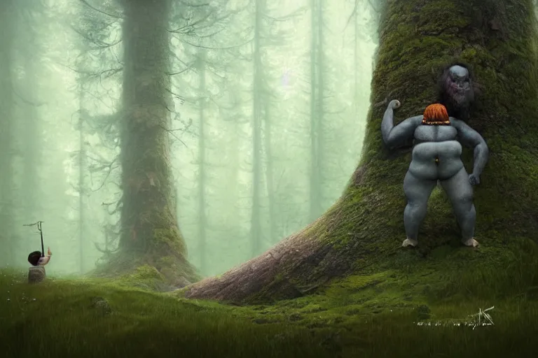 Image similar to huge troll in a swedish forest, very low angle photograph, very detailed, trending on artstation, realistic, soft colors, illustration by john bauer, simon stålenhag