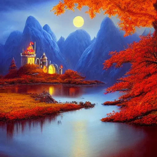 Image similar to Evil castle by Evgeny Lushpin,Rodger dean,background mountains,autumn,halloween