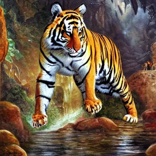 Image similar to a painting of a tiger discovering the lost city of atlantis