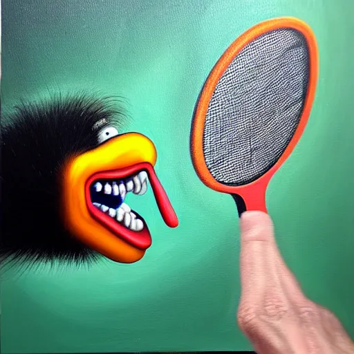 Image similar to hyperrealism painting from the housefly perspective getting swatted at from an angry clown man with a fly swatter in the kitchen