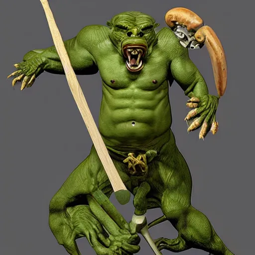 Image similar to dog - faced muscular goblin, ugly face, lizard tail, holding scimitar made of bone, scimitar, colorized, green skin, hyper - detailed, primeval fantasy, prehistoric fantasy, art by jacques - louis david