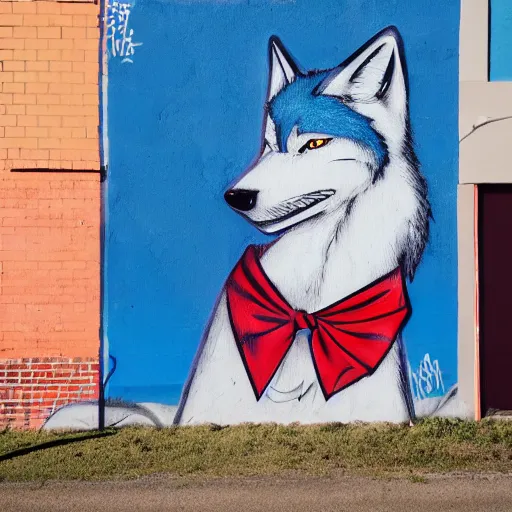 Image similar to photo of a graffiti mural of a blue anthropomorphic wolf wearing a red neckerchief, graffiti, mural, street art, anthro wolf, furry art, furaffinity, 4 k