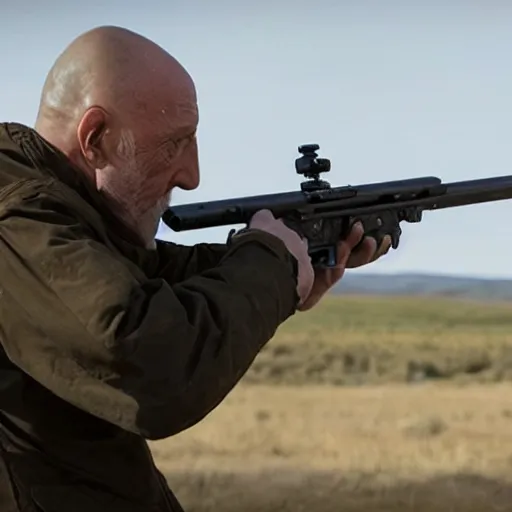 Image similar to Film Still of Mike Ehrmantraut aiming a sniper rifle in a new Breaking bad movie, 8k, highly detailed, centered