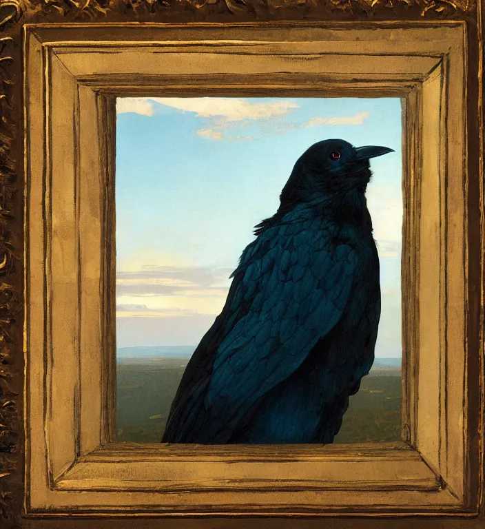 Image similar to a beautifully photoreal clear detailed victorian portrait of a close up raven on a victorian windowsill with an ornate velvet dark teal curtain at beautiful sunset daytime nature sunlit painting by frederic leighton and turner and rosetti, 8 k, octane render