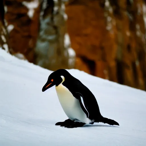 Prompt: a penguin wearing snowboarding goggles, national geographic